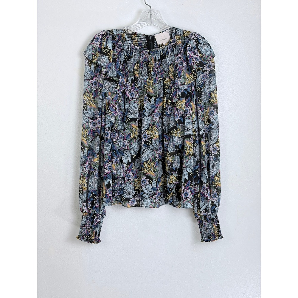 Cinq à Sept Blouse Black Multi Dark Floral Smocked Ruffle Long Sleeve Top M